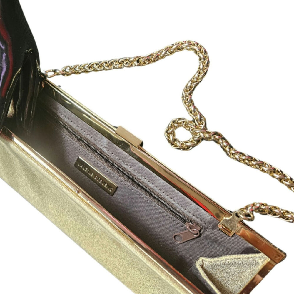 90s Faux Suede Gold Thin Clutch Hand bag Two In One Chain Strap Evening Bag - Picture 2 of 6